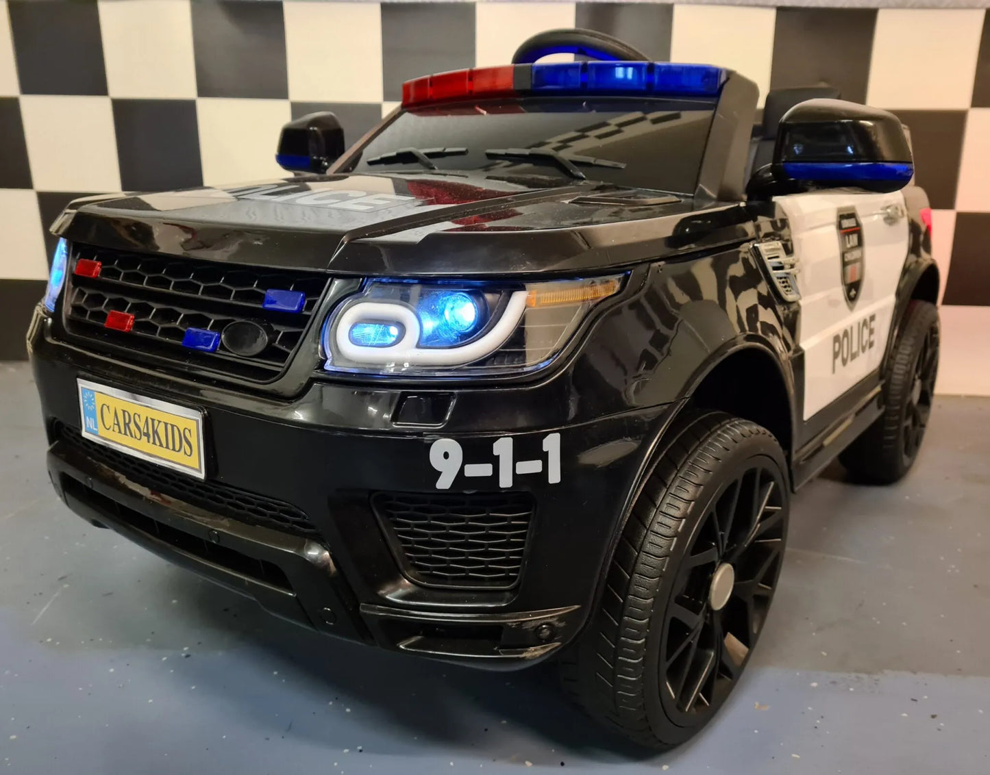Elektrische Politie Jeep 12V voor Kinderen – met Afstandsbediening, Rubberbanden & Lederen Zitting