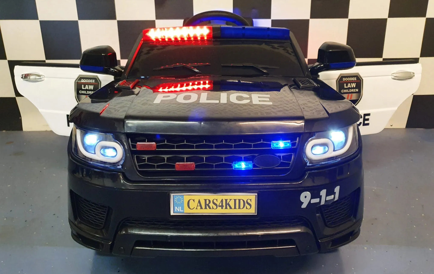 Elektrische Politie Jeep 12V voor Kinderen – met Afstandsbediening, Rubberbanden & Lederen Zitting
