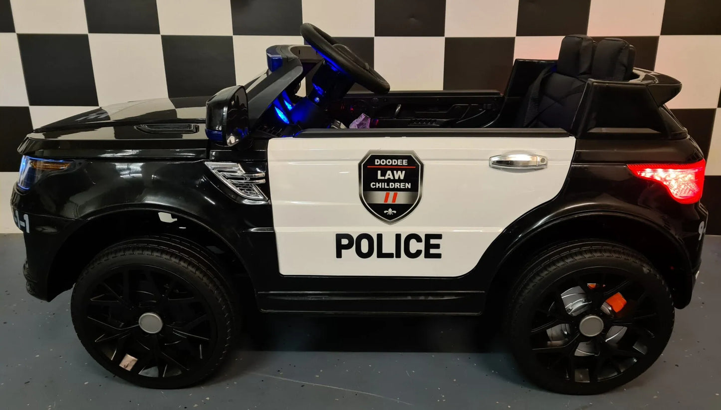 Elektrische Politie Jeep 12V voor Kinderen – met Afstandsbediening, Rubberbanden & Lederen Zitting
